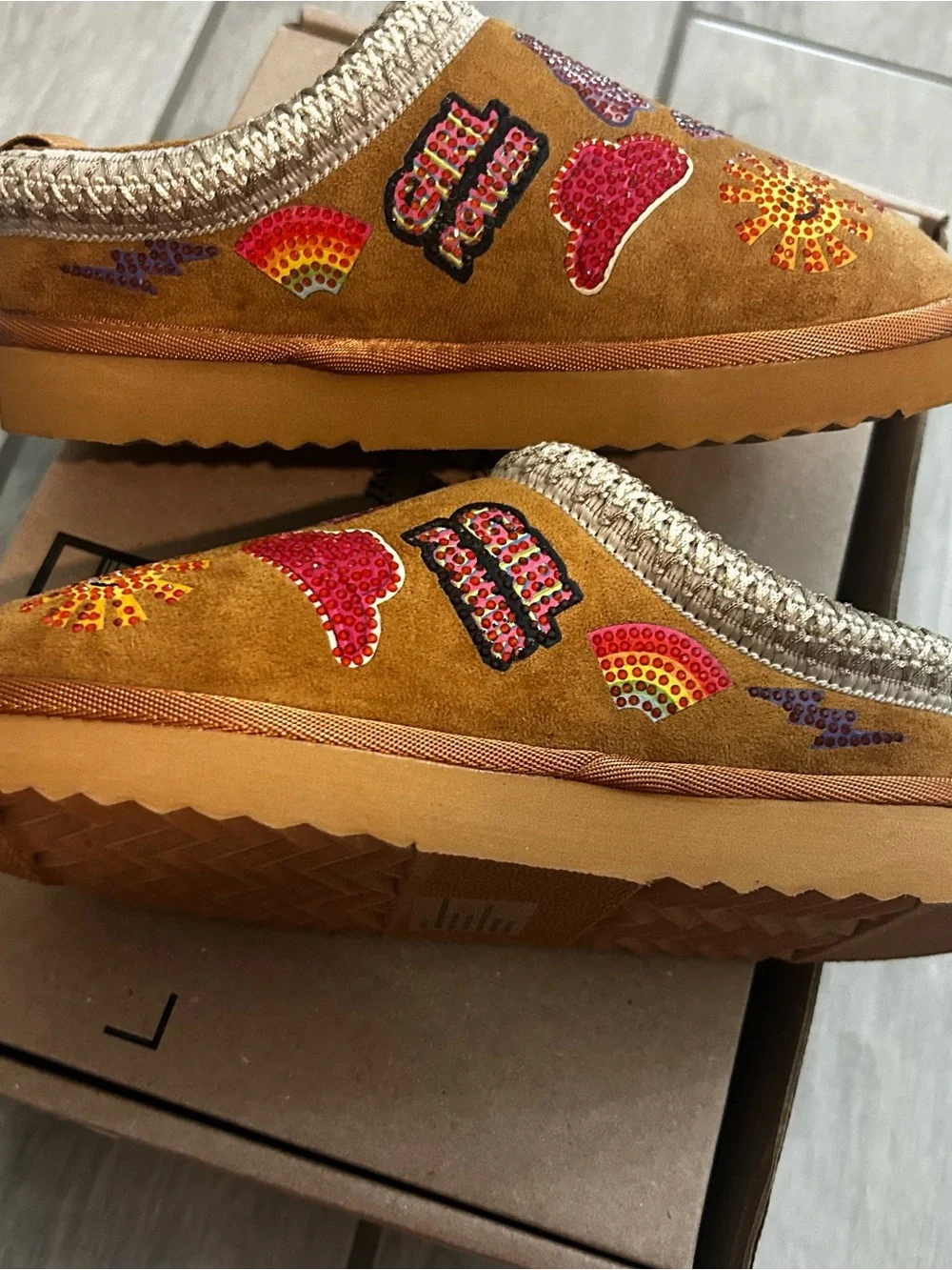 Steve Madden Kids Tan Slip-On Shoes with Multicolor Sequin Patches